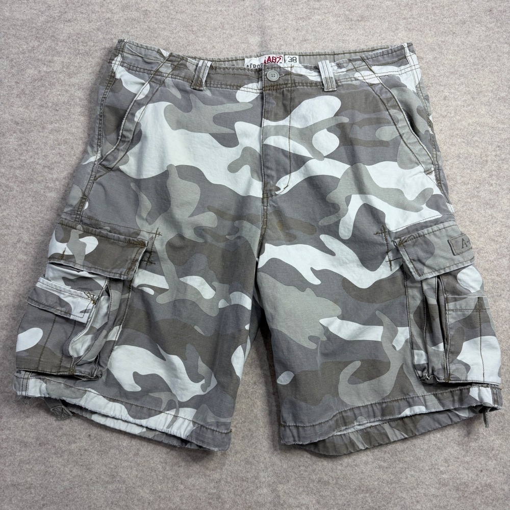 Aeropostale A87 Mens Grey Camo Cargo Shorts Size 38 Cotton Camouflage Utility